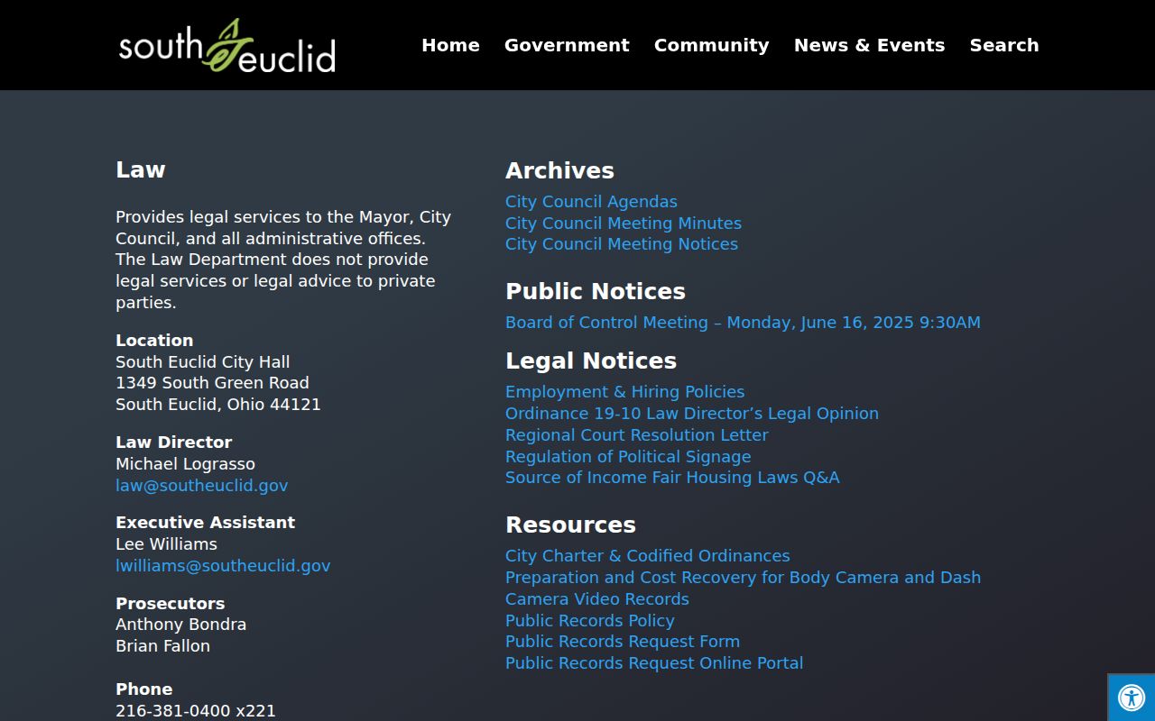 South Euclid residents directory City Law Department records source