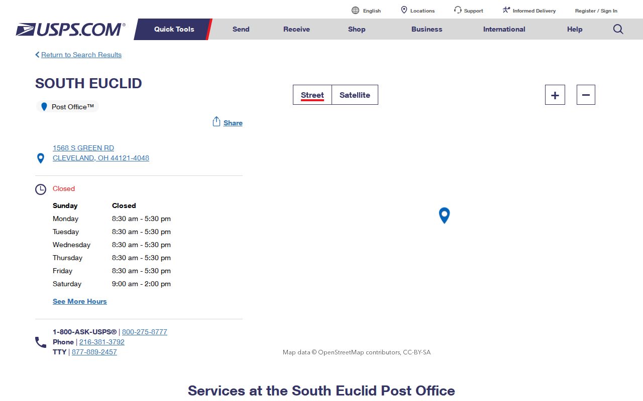 USPS listing for the South Euclid Post Office