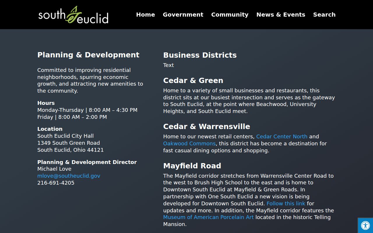 South Euclid districts page with city corridor information