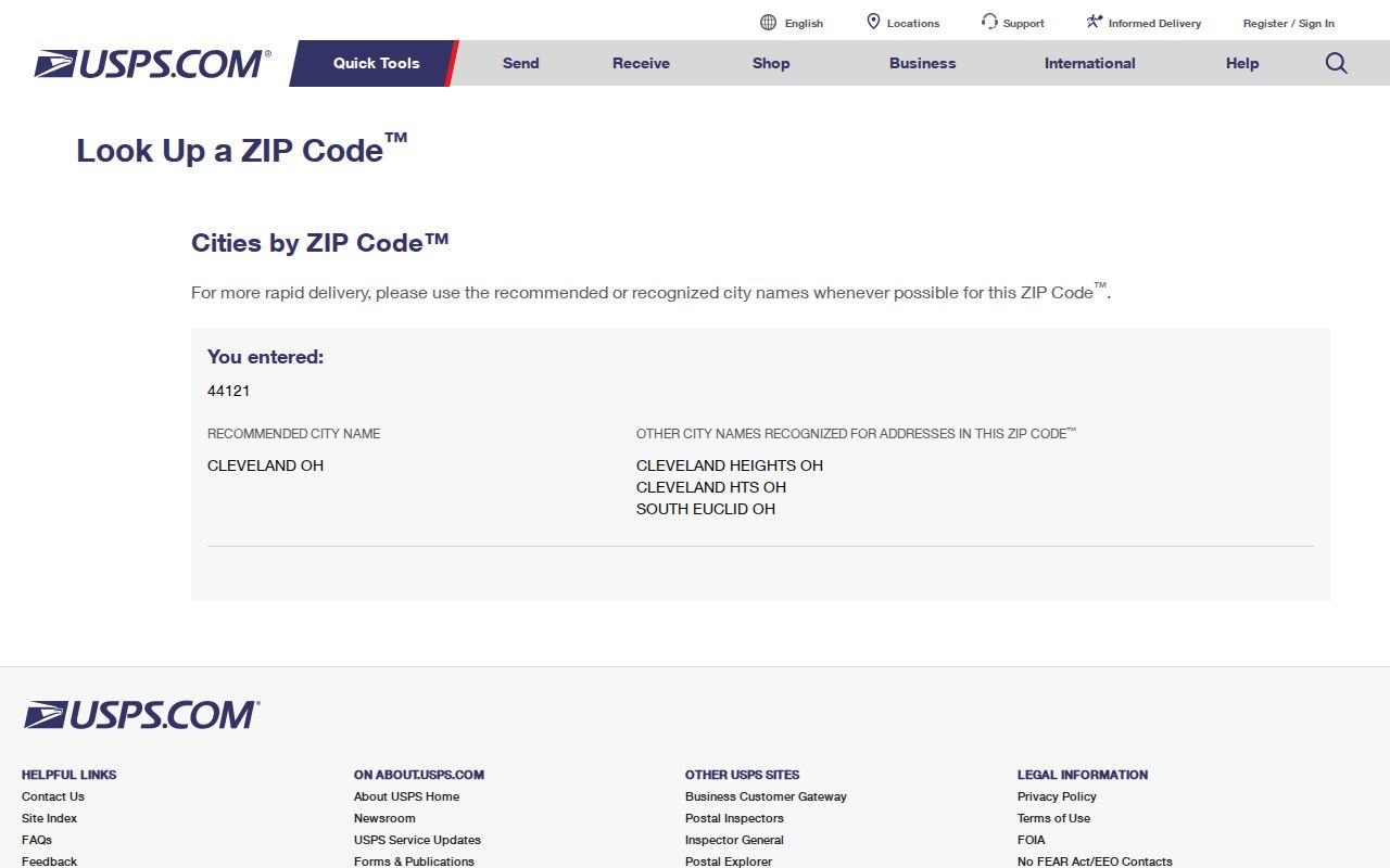 USPS ZIP Code Lookup query for 44121